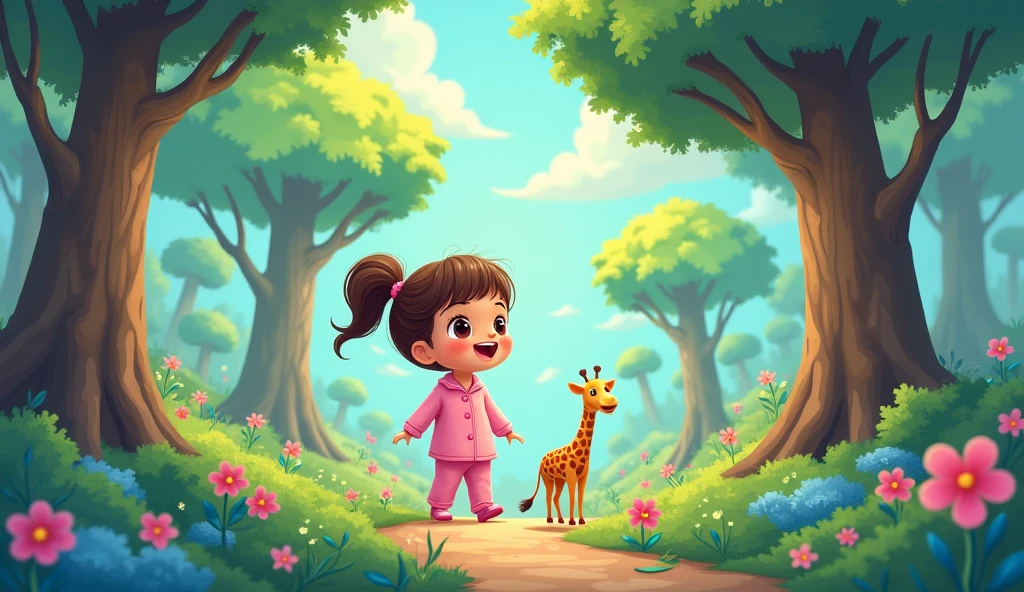 A sad cartoon bunny sits under a tree, A plush giraffe toy and a small cartoon girl in pink pajamas are looking at him.
