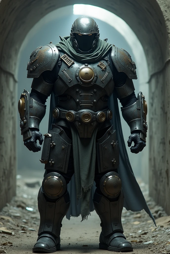 1guy,ciphercmdr,standing,facing viewer,armor,),hideexes,helmet,scarf,full body,stocky, heavyset,Physique,in concrete tunnel,underground,soft lighting,