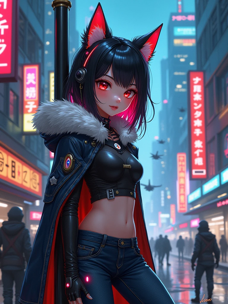 A young Chinese anime-style girl,Have large, expressive eyes、Cute nose and delicate lips,She is characterized by colorful long hair and shiny cyber accessories.。She has cat-like mechanical ears implanted on her head.。Wearing tight synthetic cyberpunk clothing,Comes with metal and luminous inserts,A wide fur collar cape draped over the shoulders。She leaned against a wall or a lamppost,Showing a mixed emotion:Melancholy、Rebellion and determination。Her South Asian stance looks relaxed but firm.,One leg is bent at the knee and the other leg is flat on the ground,Hands seem to be clasped behind the back。Her eyes reveal the experience of living in a harsh cyberpunk world。She stands against the backdrop of a futuristic city - tall buildings made of glass and metal、Neon Signs、Rainy streets filled with flying cars and robots、The smoke-emitting factory in the distance and the holographic cards。There is a patrol on her street,A group of European and American people dressed in cyberpunk style are talking in a dim alley,There are homeless people at the door.。Other elements include flying drones、Suspended garbage、Illuminated signs on buildings and bionic body modifications such as light-emitting implants and augmented limbs。Other characters of various ethnic backgrounds can be seen around - possibly friends、Enemy or Bystander。
