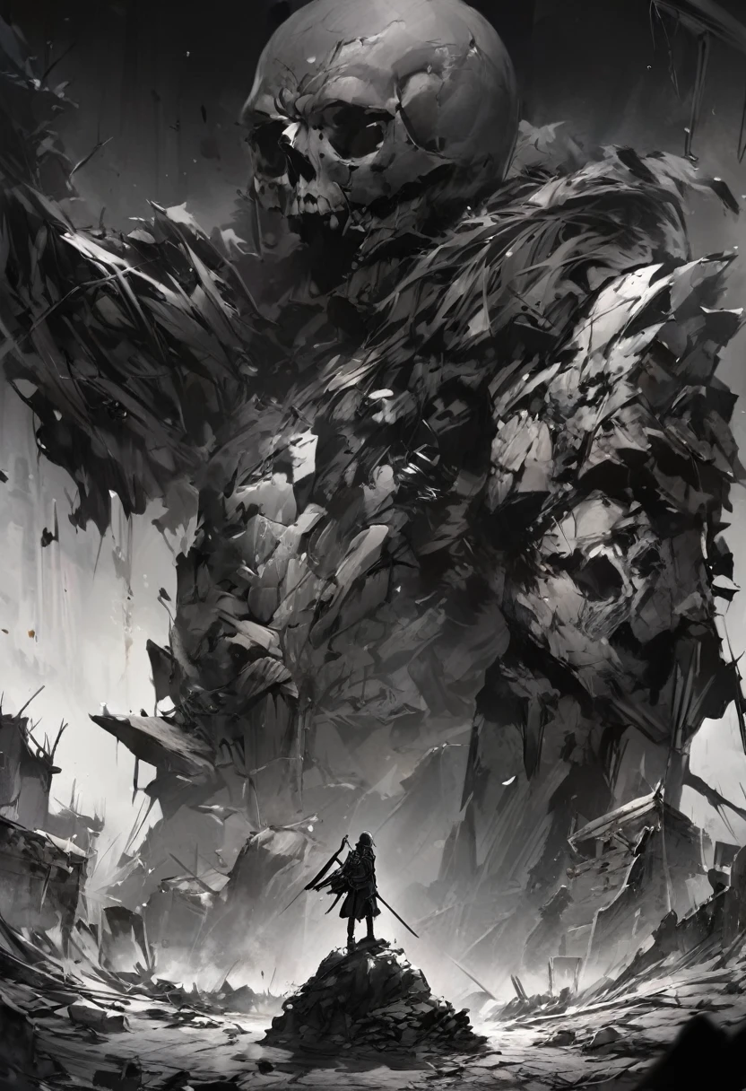 In the midst of desolate ruins, samurai raise their swords and stand on a rock artistically depicted as a skull emblem, its firm and somber image contrasting with a dark background.