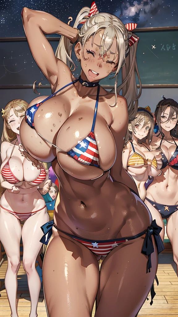 (masterpiece), Highest quality, (colorful:1.1), (5, Group shot:1.4), (The body is slim:1.1), (Huge boobs:1.5), (Dark Skin:1.1), (muscle:1.1), Blonde, Silver Hair, Twin tails, (Leaning forward:1.4), (Open your mouth, Smile:1.1), (Wink:1.4),peace sign, (Stars and Stripes Bikini, Micro Bikini:1.1), Cowboy Shot, (classroom:1.1), blackboard