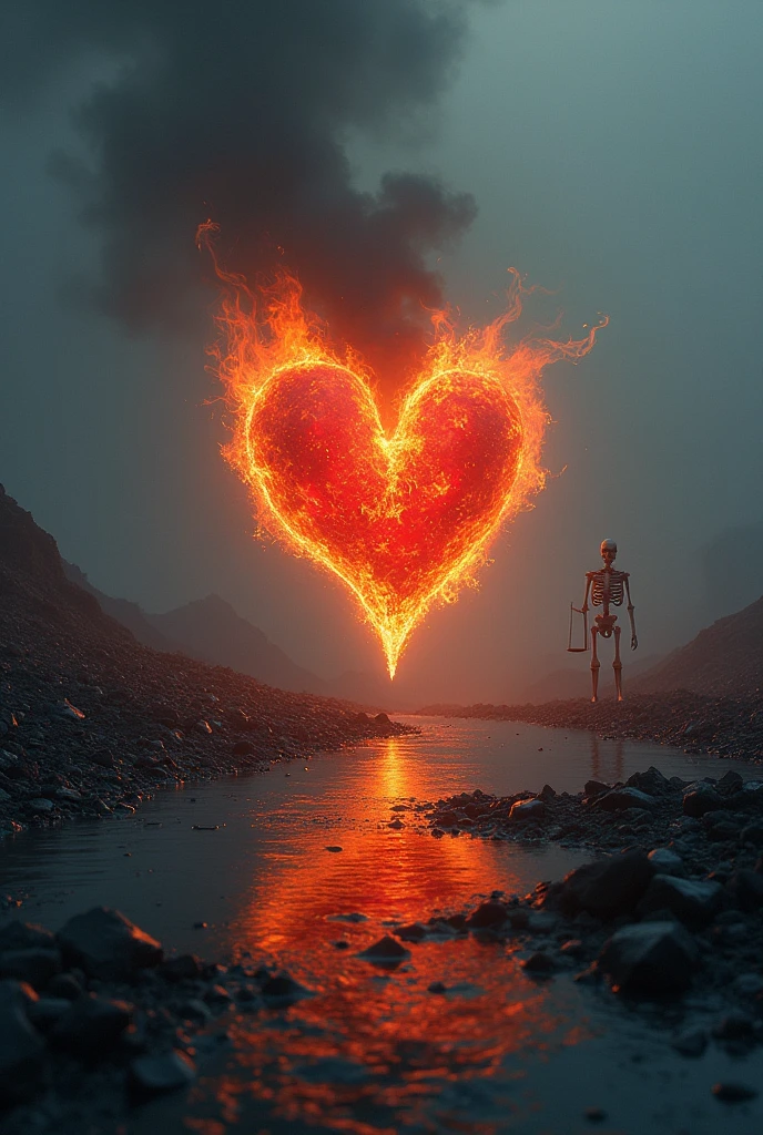 3. **"Constant love beyond death" by Francisco de Quevedo:**
- **Idea for drawing:** Imagine a scene where a burning heart floats above a desolate landscape, surrounded by ashes. The fire of the heart continues to burn brightly, Even though everything around him is cold and gloomy. A dark and frozen river tries to put out the fire, but the flames persist. In the background, a skeletal figure holds a scale, representing death, but the heart keeps beating strongly, showing that love transcends death.
