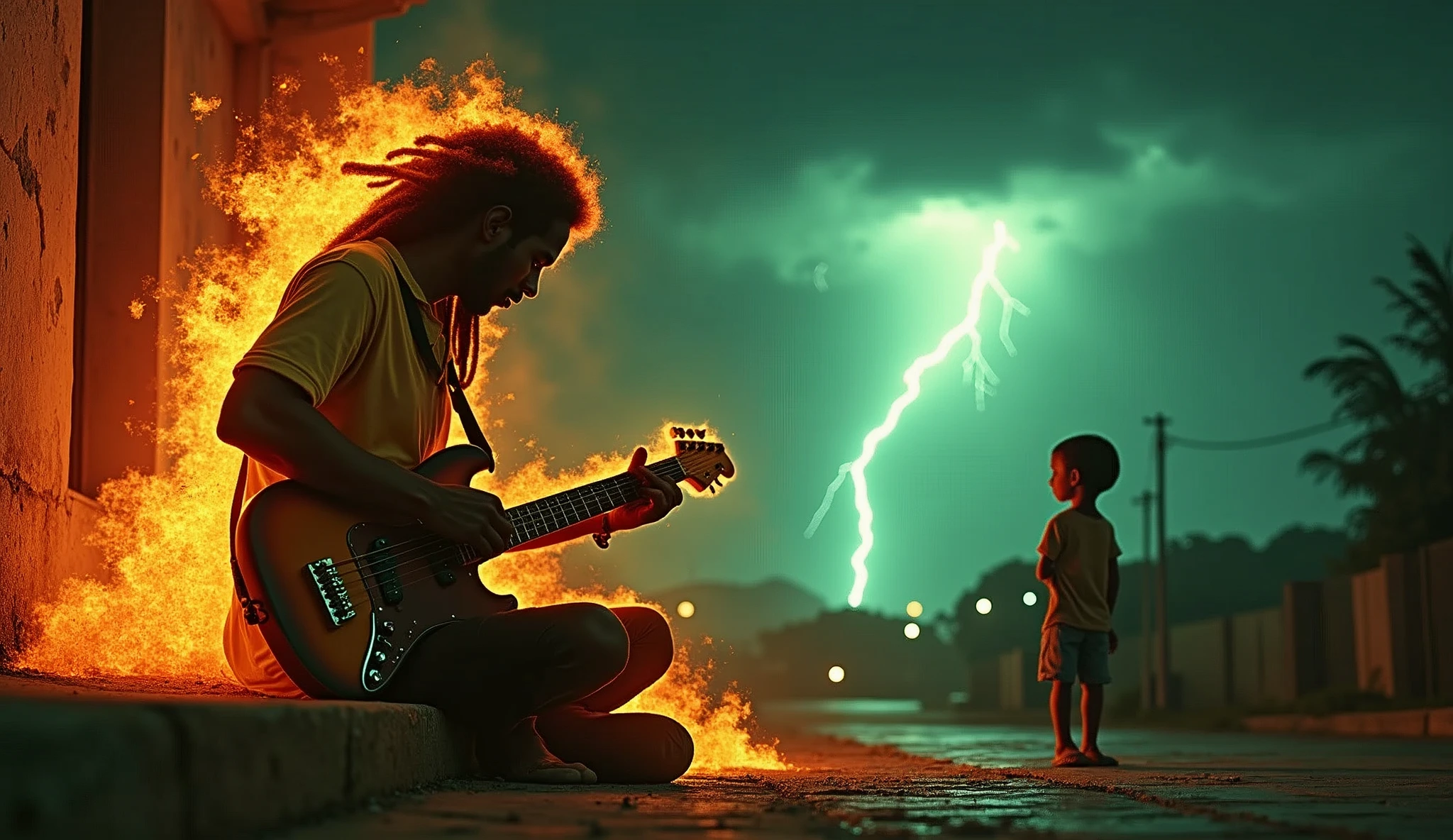 Jamaican Reggae logo symbol,man alone guitar in fire flame raining lightning, tornado a child standing dancing on the planet moon and a ,planet Earth with alien, in Jamaica listening to a man playing guitar sitting on the sidewalk. Pure reggae vibes very high details, 8k, Depth of field, Behance Photography , cinematic color grading, film composition, high contrast pixar style, ultra sharp, global lights, Retouching,  , uplight ​
