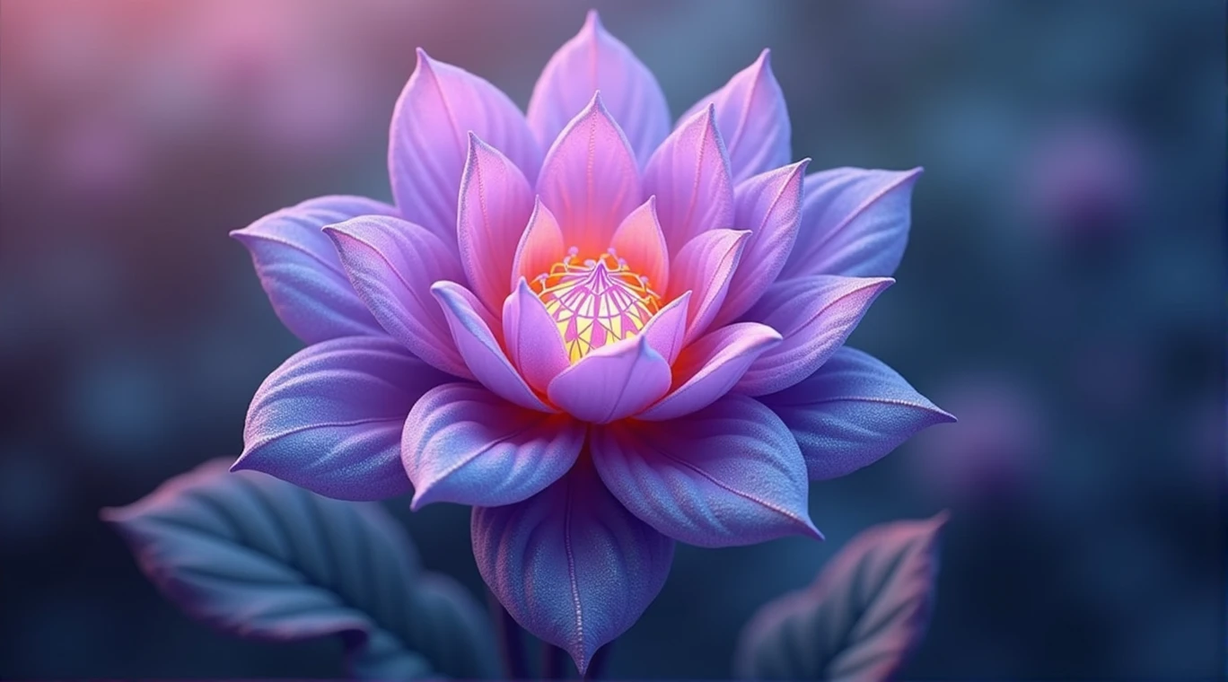 Imagine a flower NFT artwork where the central element is a lush flower, with vibrant petals in shades of purple and blue, that appear almost translucent. At the center, an intricate geometric pattern, like a fractal or a mandala, is illuminated by a soft glow, giving an almost ethereal effect. The background is a subtly changing color gradient, creating a sense of depth and movement. This piece is interactive, allowing the viewer to change the colors and patterns of the petals with a simple click, providing a unique and customizable visual experience.