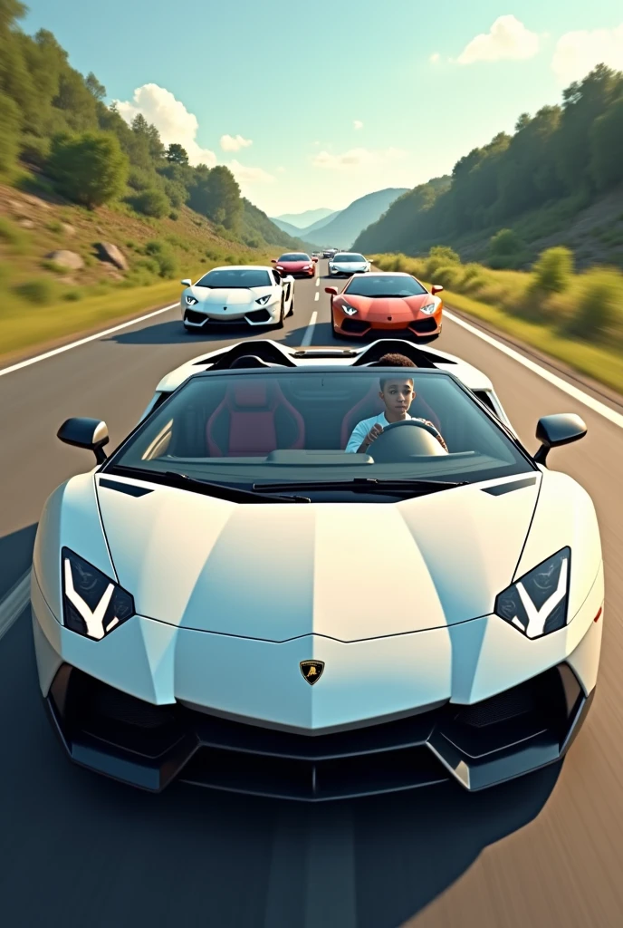 White Lamborghini on the road with black  age with many car behind