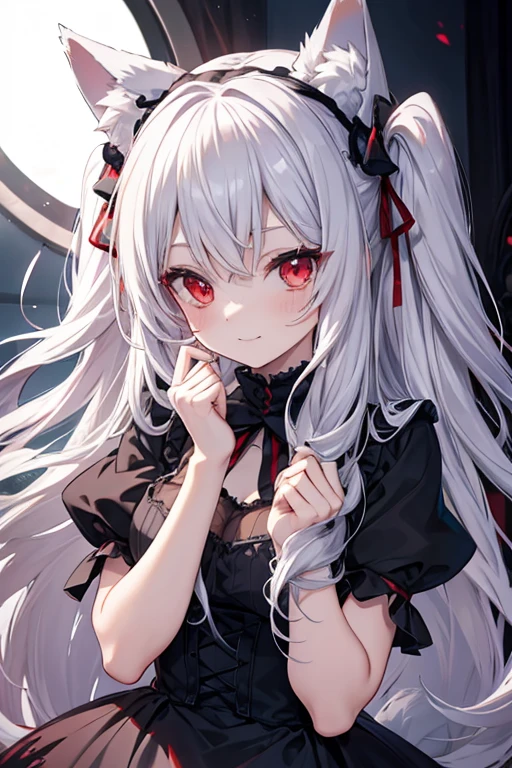 Long Hair, Red eyes, Fox Ears, High detail, Silver Hair, Two Side Up, Animal ears , happiness/joy, anime, Gothic Lolita