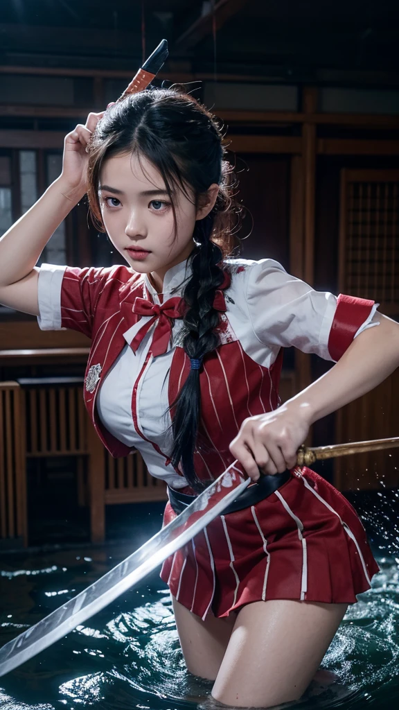 A Japanese high school French braid girl wearing her bloodstained uniform, carrying a sword, Wielding a sword , water flows in tandem with the sword , creating a dynamic visual effect , huge Wavy water Inside the dilapidated, cluttered, and bloodstained classroom