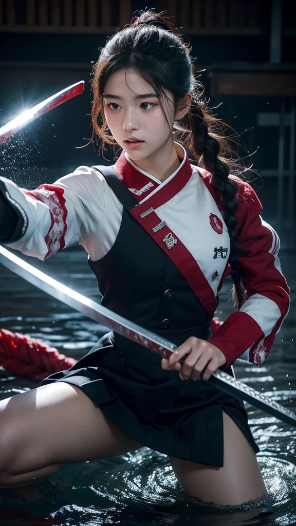 A Japanese high school French braid girl wearing her bloodstained uniform, carrying a sword, Wielding a sword  , water flows in tandem with the sword , creating a dynamic visual effect , huge Wavy water Inside the dilapidated, cluttered, and bloodstained classroom