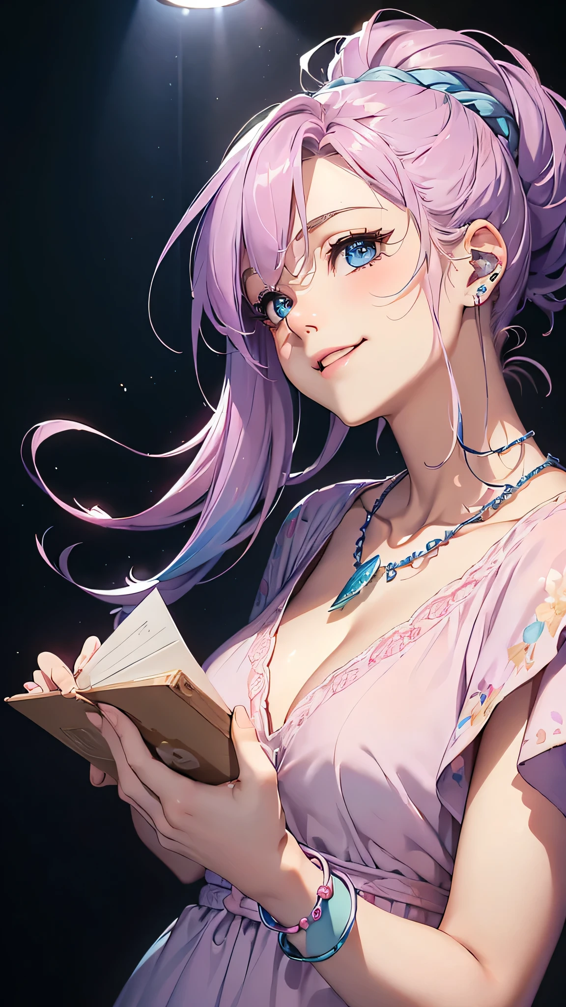 最high quality、Best image quality、masterpiece、and((cute、18-year-old、Best Bust、Medium Bust、Beautiful Blue Eyes、Spread your chest wide,Pastel Hair、ponytail、Disheveled Hair、thin、Highest Valley、Pastel Dress、smile、necklace、Wristband、)）high quality、Beautiful art、background((Pastel Room、Live Performance Venues)),Tabletop、Exquisite design、Visual Arts、Written boundary depth、Best lighting、Highest detail、8ｋ