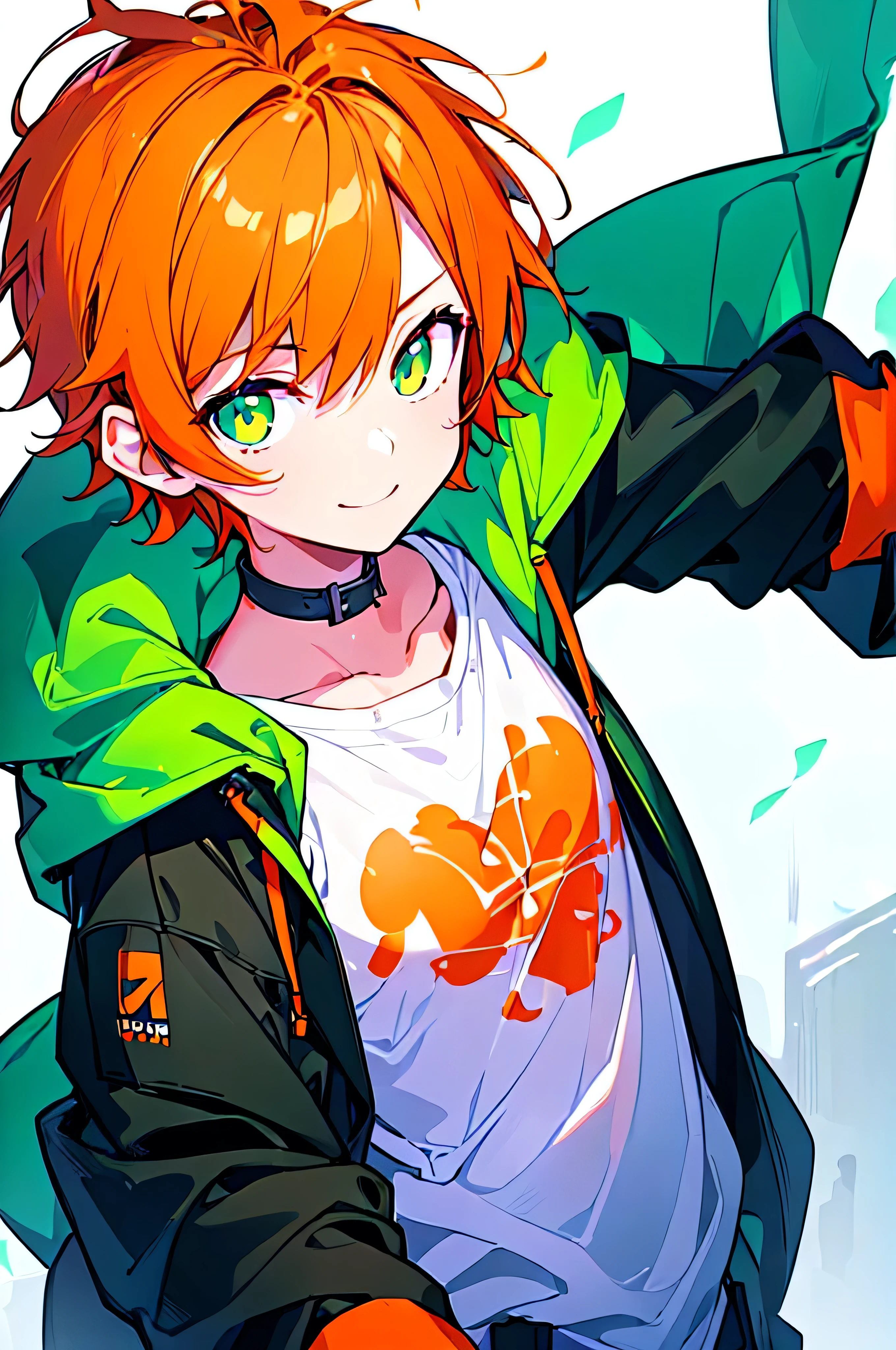 [(WHITE BACKGROUND:1.5),::5], ((((masterpiece)))), high quality, ultra_very_high_resolution, large_filesize, full color, (((solo))), (()), ((orange color short hair)), green eyes, anime, light smile, upper body, neon light, black parka, upperbody,