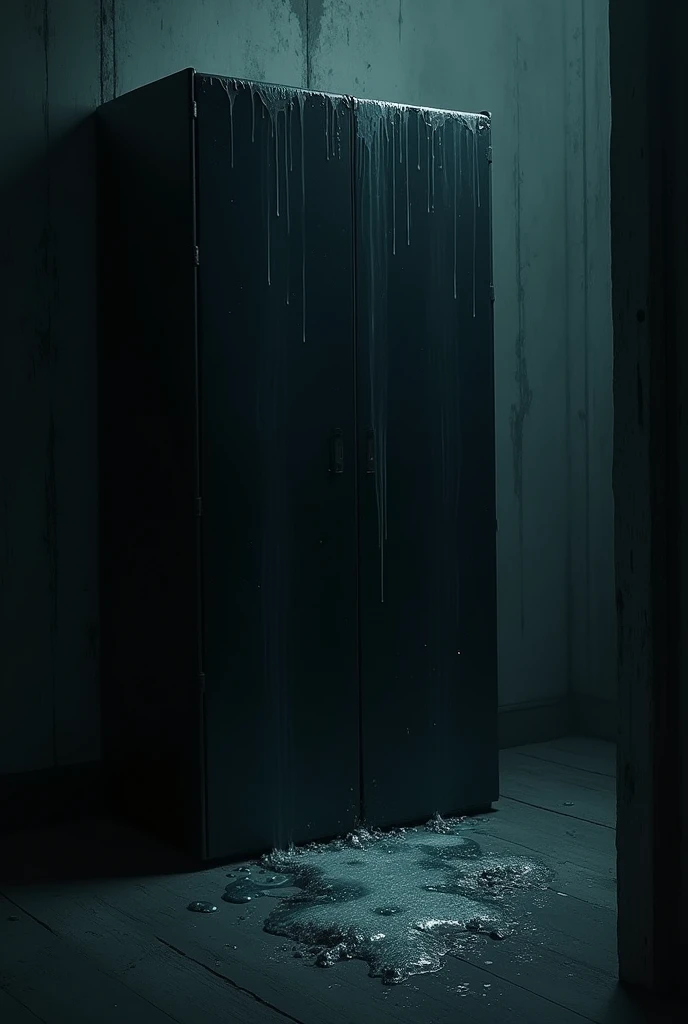 A dark cover with a wardrobe behind it half open and the cover has some slime on it (in drawing)
