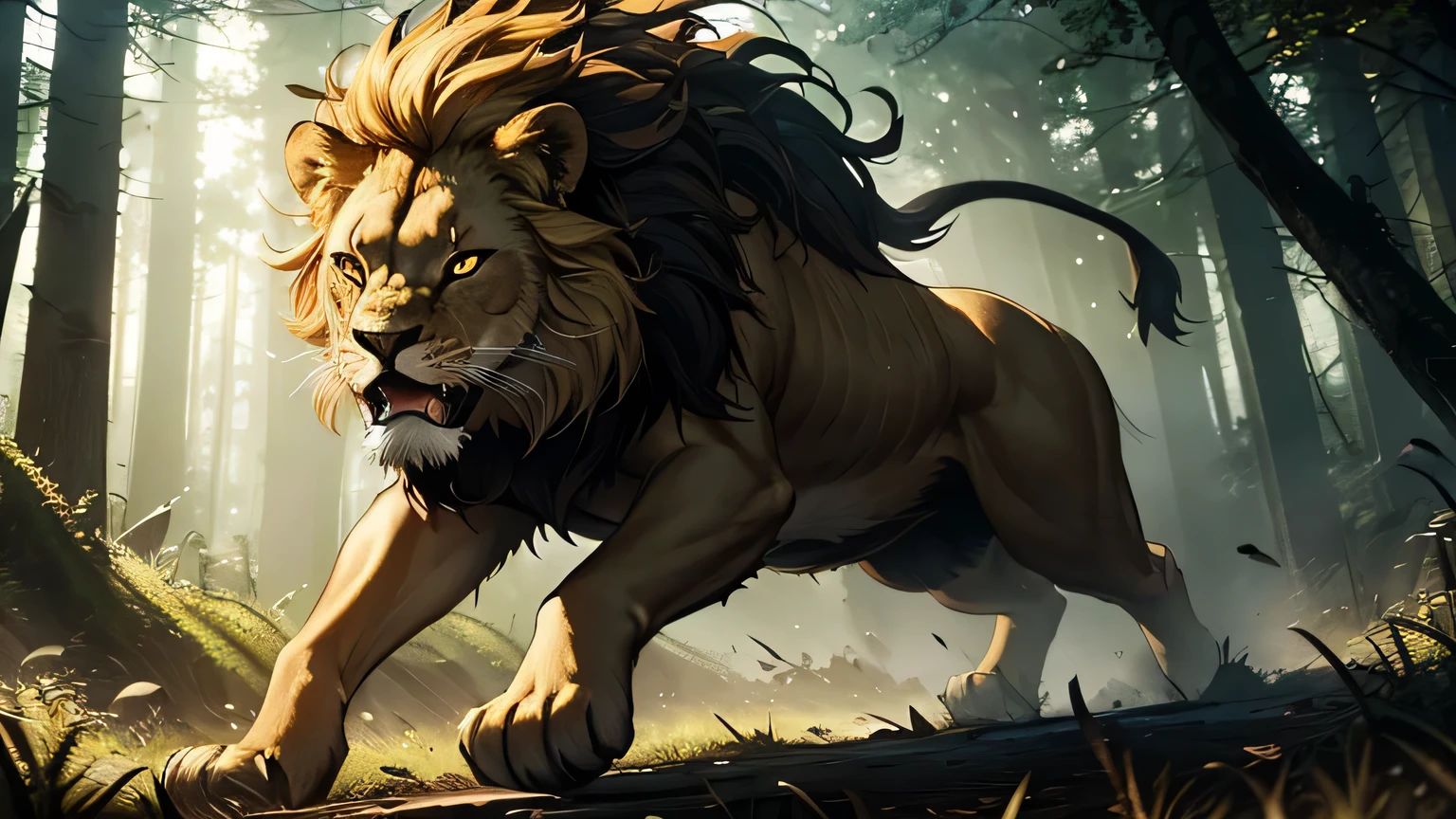 motion scene, lion in forest leaping to attack, glowing yellow eyes, glowing eyes, sharp fangs, moody lighting, hyper realistic, cinematic lighting, intricate details, 8k, high quality, photorealistic, dramatic, powerful, majestic