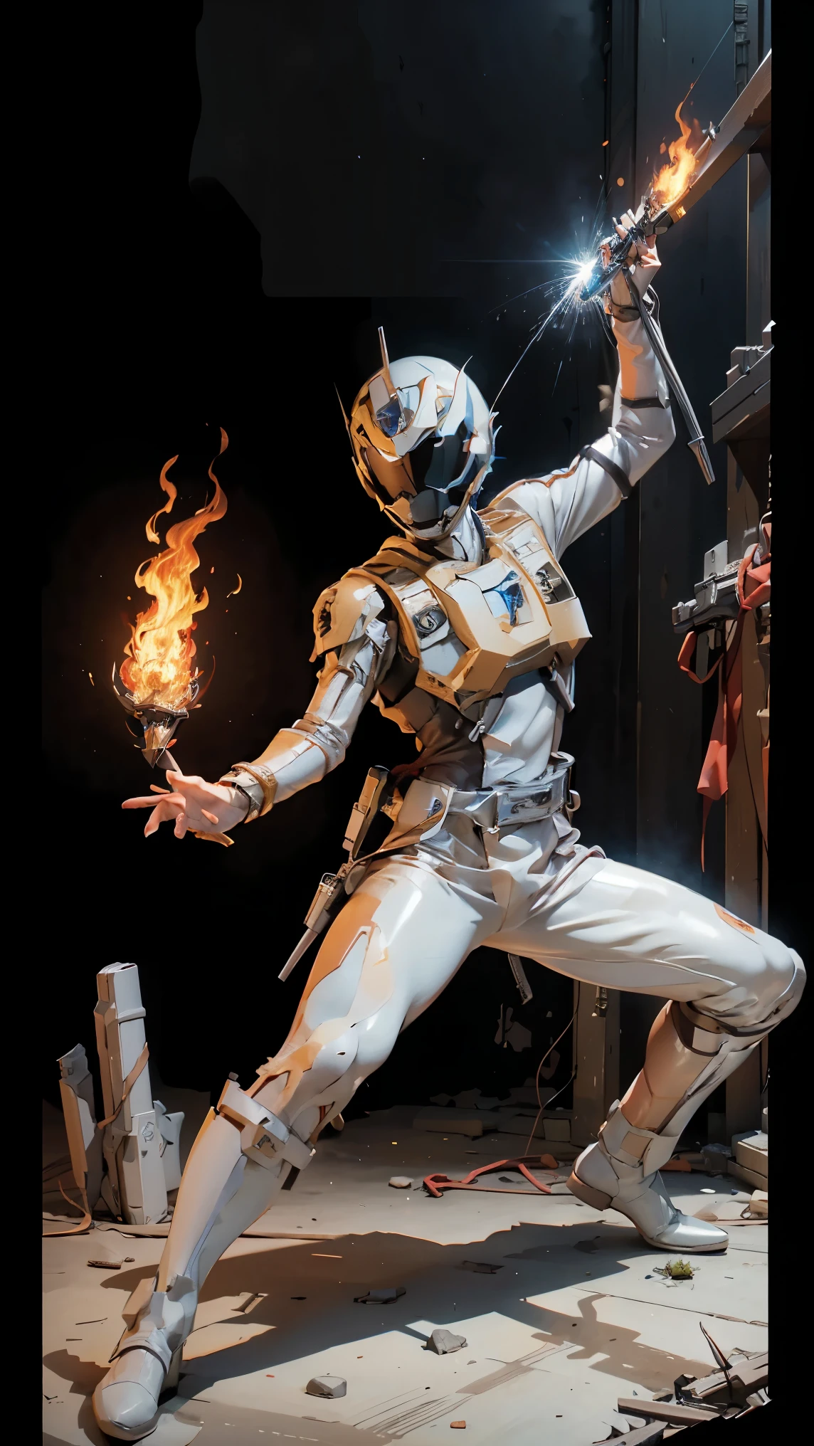 1boy, white, full body, Illustration, cinematic light, high resolution, best quality, ultra detailed, masterpiece, power suit, powerranger, suit, spd, (silver royal guard ranger suit), gold detail, holding white pistol, flowing, light armor,  martial arts, dynamics, flames, particles