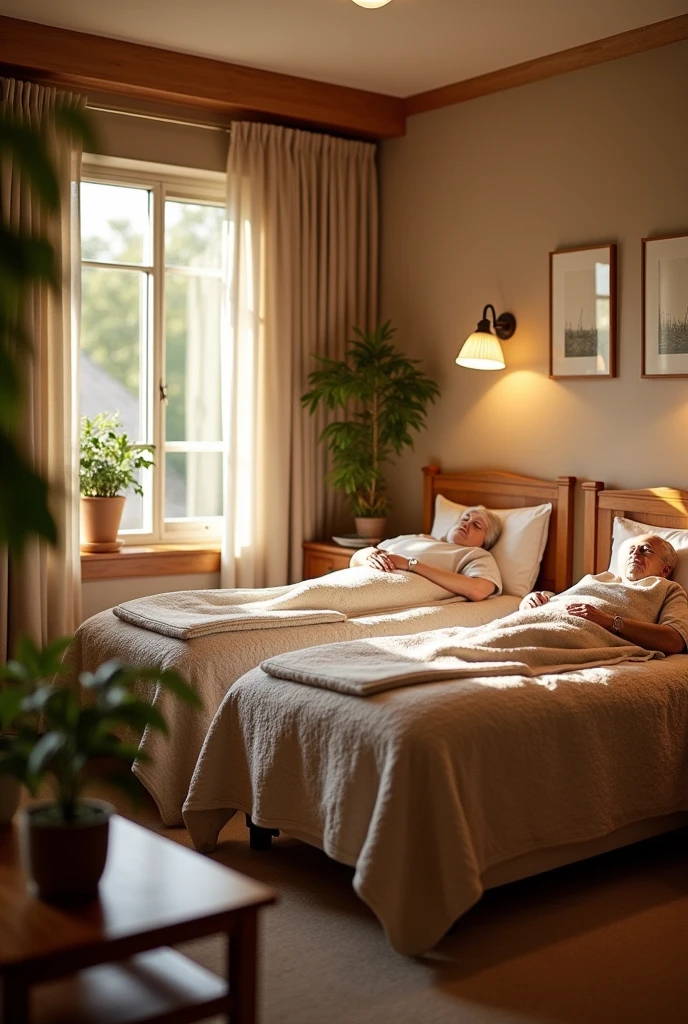 Twin room with earthy tones for seniors