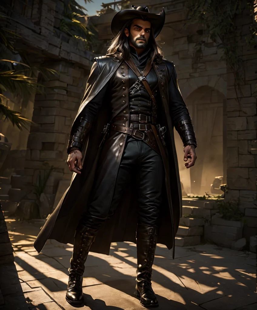 Dashing male swashbuckler dressed in black.  Excellent fashion sense.  Attractive.  Daring.  Romantic.  Stoic.  Moody.  Brooding.  Long white hair.  Mysterious with a hint of sinister motives.  award winning, fantasy art concept masterpiece, trending on Artstation, digital art, unreal engine, 8k, ultra HD, centered image, centered image.  Strong appeal.  Ideal male physique.  Large overcoat.