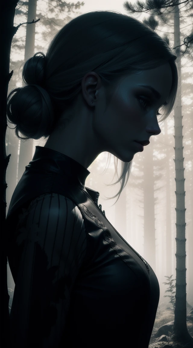 Silhouette of a Nordic queen filled with a forest , double exposure, crisp lines, monochrome background
