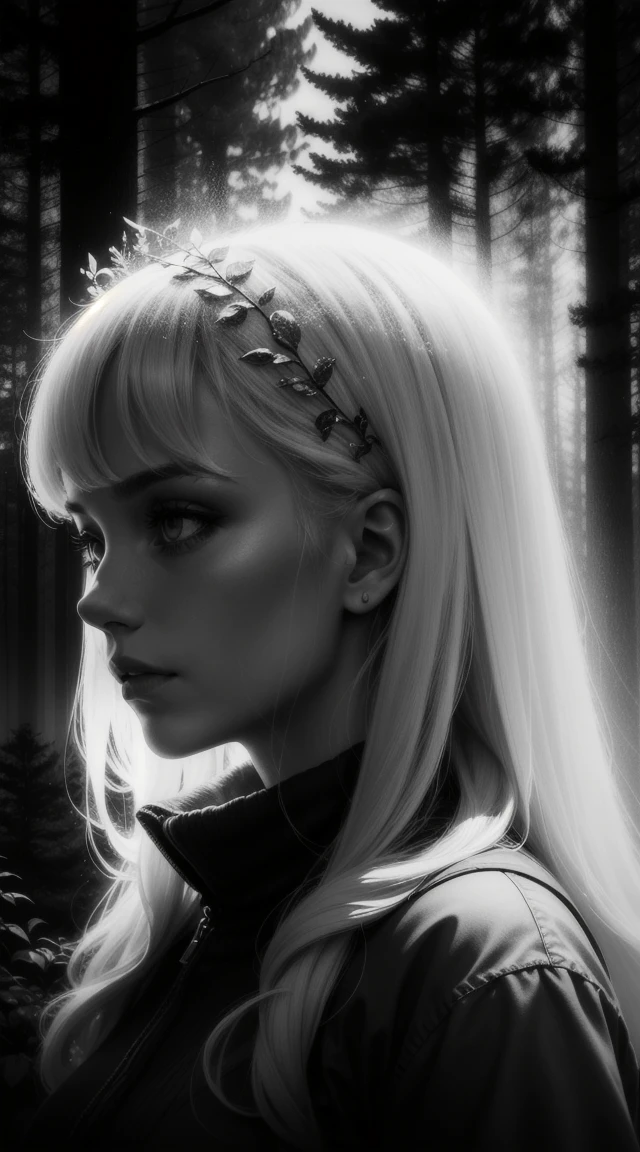 Silhouette of a Nordic queen filled with a forest , double exposure, crisp lines, monochrome background