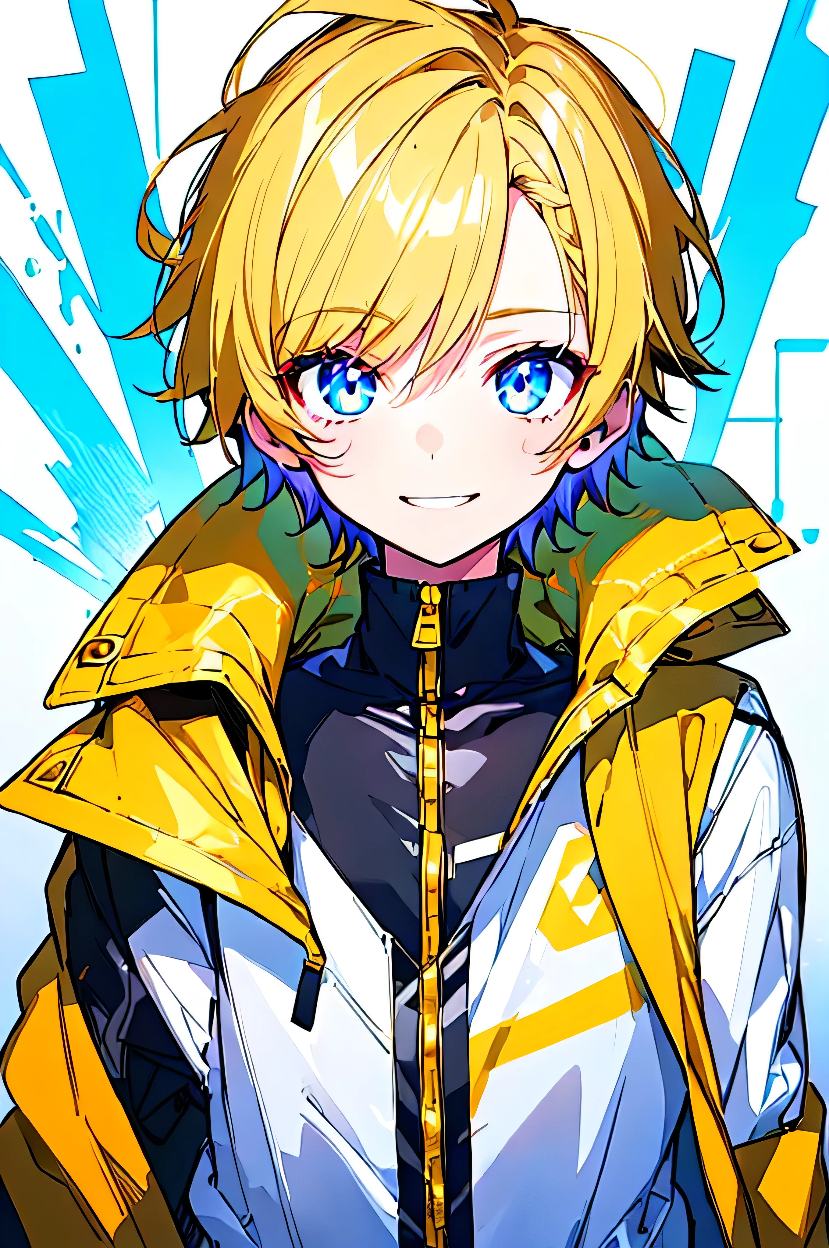 [(WHITE BACKGROUND:1.5),::5], ((((masterpiece)))), high quality, ultra_very_high_resolution, large_filesize, full color, (((solo))), ((little boy)), ((gold yellow color short hair)), blue eyes, light smile, anime, upper body, neon light, black parka, upperbody,
