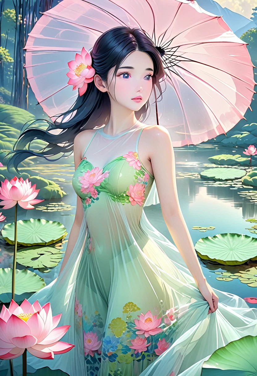 1 big breasted girl，Standing under a giant umbrella-shaped pink lotus，Full body close-up，Black hair，Floating hair，Hazy Beauty，Extremely beautiful facial features，Light green tulle flowing dress，Smooth hair，Surrounded by flowers，Soft light on the face，Perfect anatomical structure，（Flat girly figure，Small Breasts），Colorful flowers，（spring， Wonderful mountain wetlands，in the forest，Mountains）， Simple vector art， Chinese Contemporary Art， Soft lighting， Floating tulle towel，Overlooking