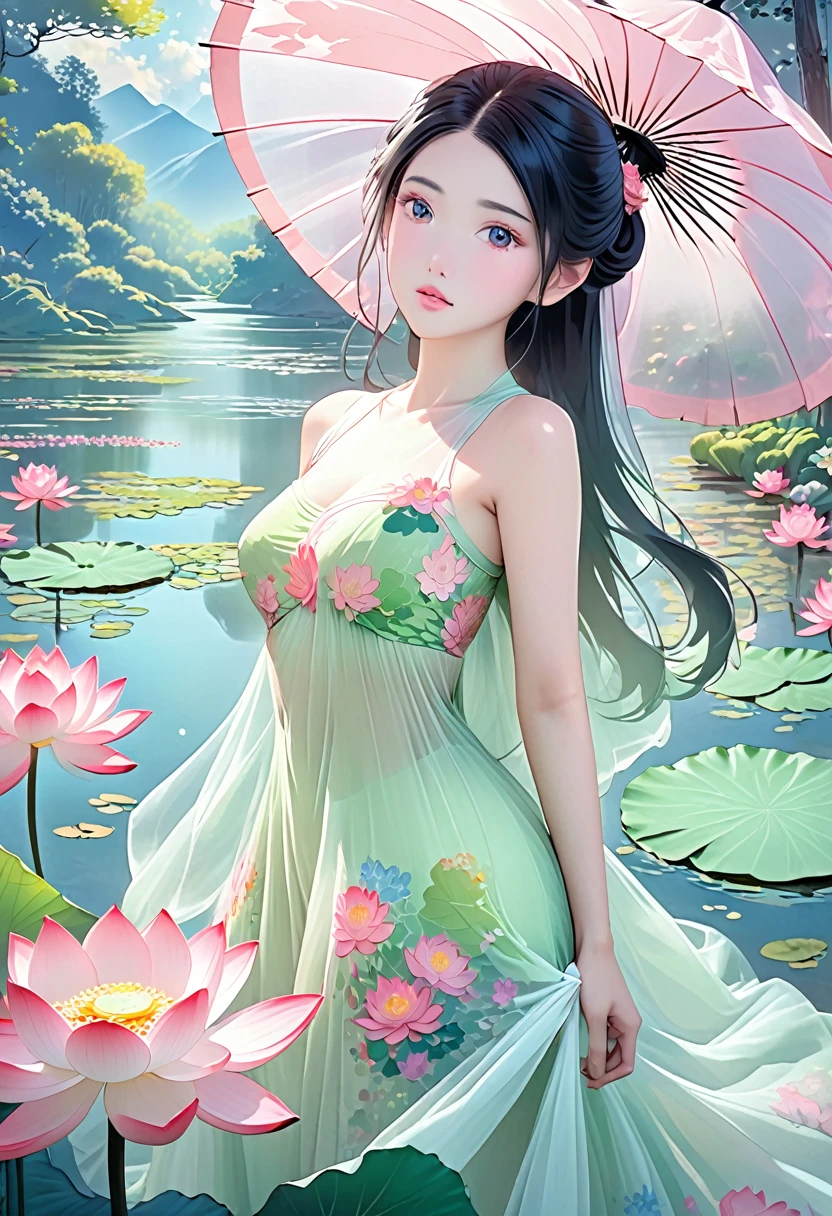 1 big breasted girl,Standing under a giant umbrella-shaped pink lotus,Full body close-up,Black hair,Floating hair,Hazy Beauty,Extremely beautiful facial features,Light green tulle flowing dress,Smooth hair,Surrounded by flowers,Soft light on the face,Perfect anatomical structure,(Flat girly figure,Small Breasts),Colorful flowers,(spring, Wonderful mountain wetlands,in the forest,Mountains), Simple vector art, Chinese Contemporary Art, Soft lighting, Floating tulle towel,Overlooking