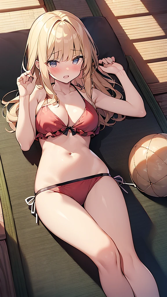(Masterpiece, Top quality:1.5), nsfw, full body, (dynamic angle:1.2), (1 beautiful girl, solo:1.2), (lie on tatami:1.2), Blonde, medium Hair, wavy Hair, asymmetry bangs, swept bangs, airy hair, large breasts:1.2, 18 year old, (bikini :1.3), shy:1.1, (blush:1.4), beautiful scene of indoor, arms up:1.2, open mouth