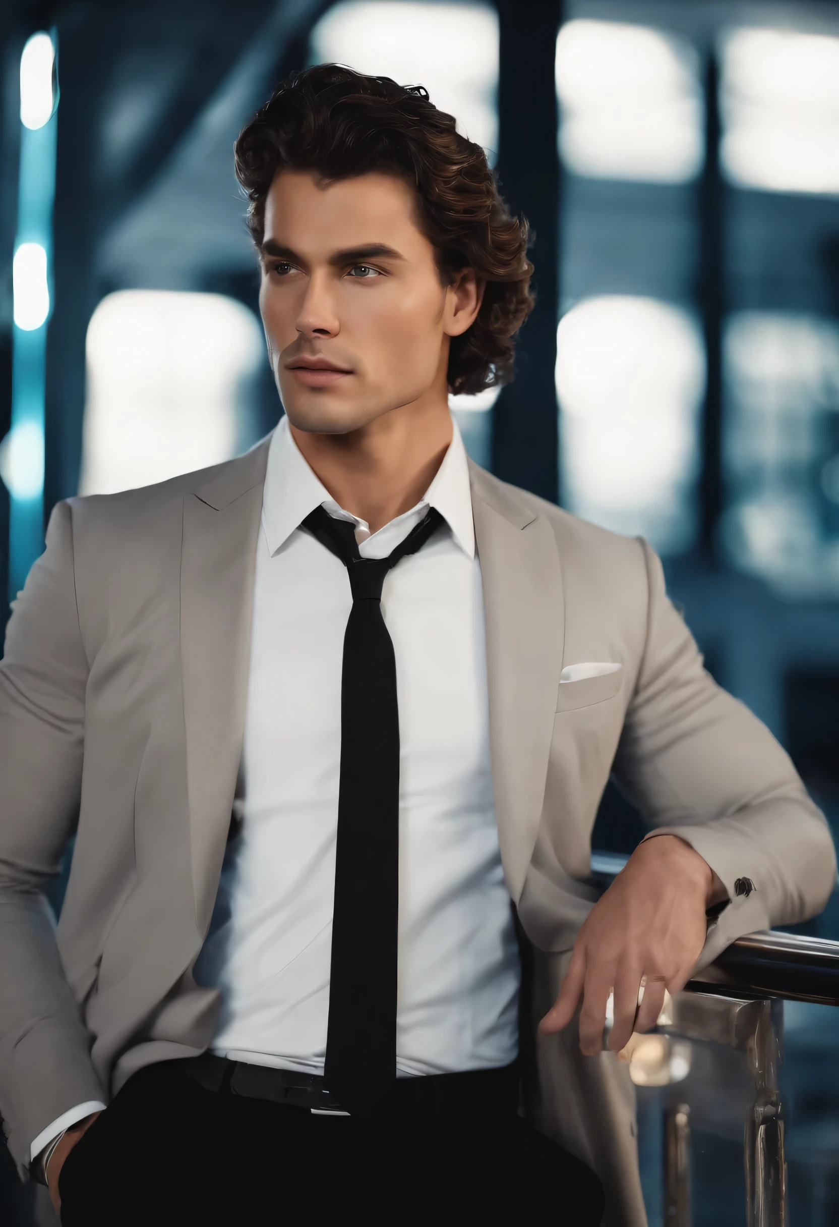 Making a handsome man in his 30s in a black suit and tie, vd, brown hair curly, (Man in black suit and tie), ), (clean shave), Attractive and serious look, short dark hair, Stylish and elegant, Suit-fitting shave and strong body, (High-quality, realistic images), Dark black and light on image background, location standing in the street at night 80s Film Style, ((top-quality, 8K, masterpiece), Ultra-detailed photography, (beautiful faces detailed, detail skin texture, hyperdetailed body:1.1)