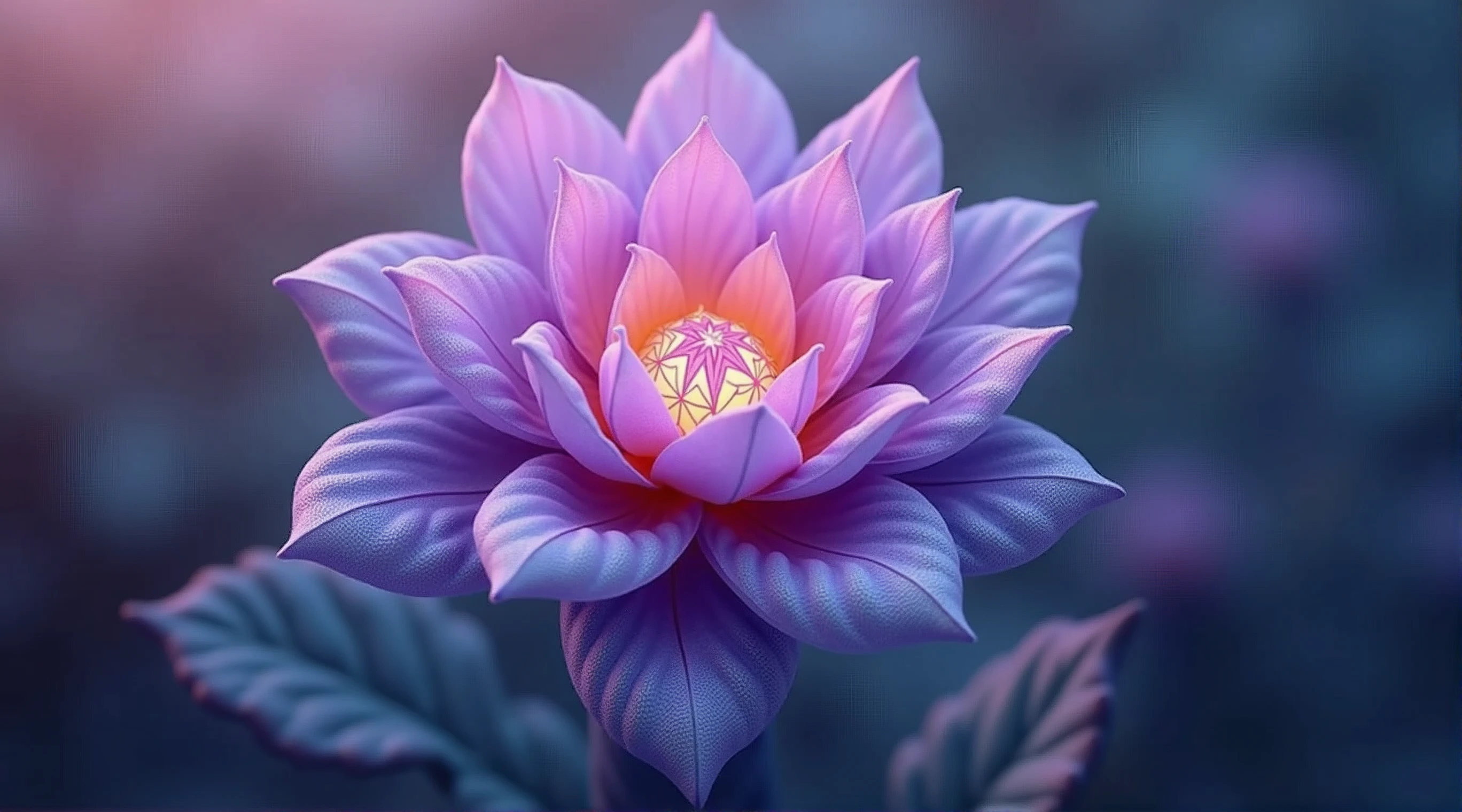 Imagine a flower NFT artwork where the central element is a lush flower, with vibrant petals in shades of purple and blue, that appear almost translucent. At the center, an intricate geometric pattern, like a fractal or a mandala, is illuminated by a soft glow, giving an almost ethereal effect. The background is a subtly changing color gradient, creating a sense of depth and movement. This piece is interactive, allowing the viewer to change the colors and patterns of the petals with a simple click, providing a unique and customizable visual experience.