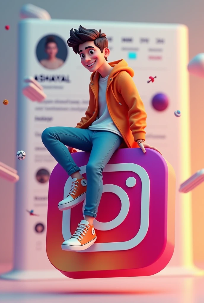 1. Create a 3D illustration of an animated character sitting casually on top of a social media logo “Instagram”. The character must wear casual modern clothing such as jeans, jackets and sneakers shoes. The background of the image is a social media profile page with a user name “ASHAYAL” and a profile picture that matches.