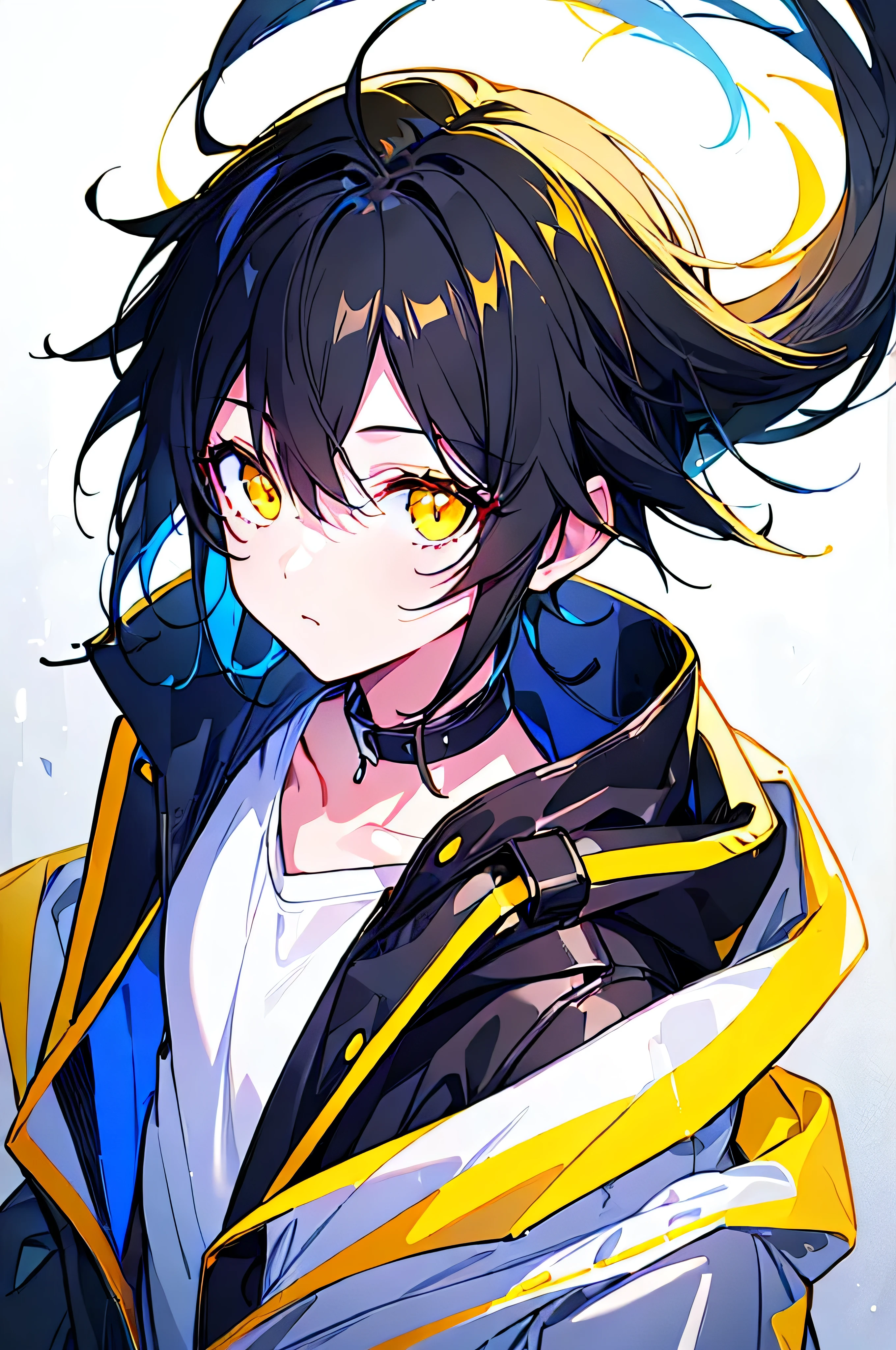 [(WHITE BACKGROUND:1.5),::5], ((((masterpiece)))), high quality, ultra very high resolution, full color, (((solo))), ((**********)), black hair, ((yellow inner hair)), ((yellow eyes)), anime, ((upper body)), neon light, black parka,