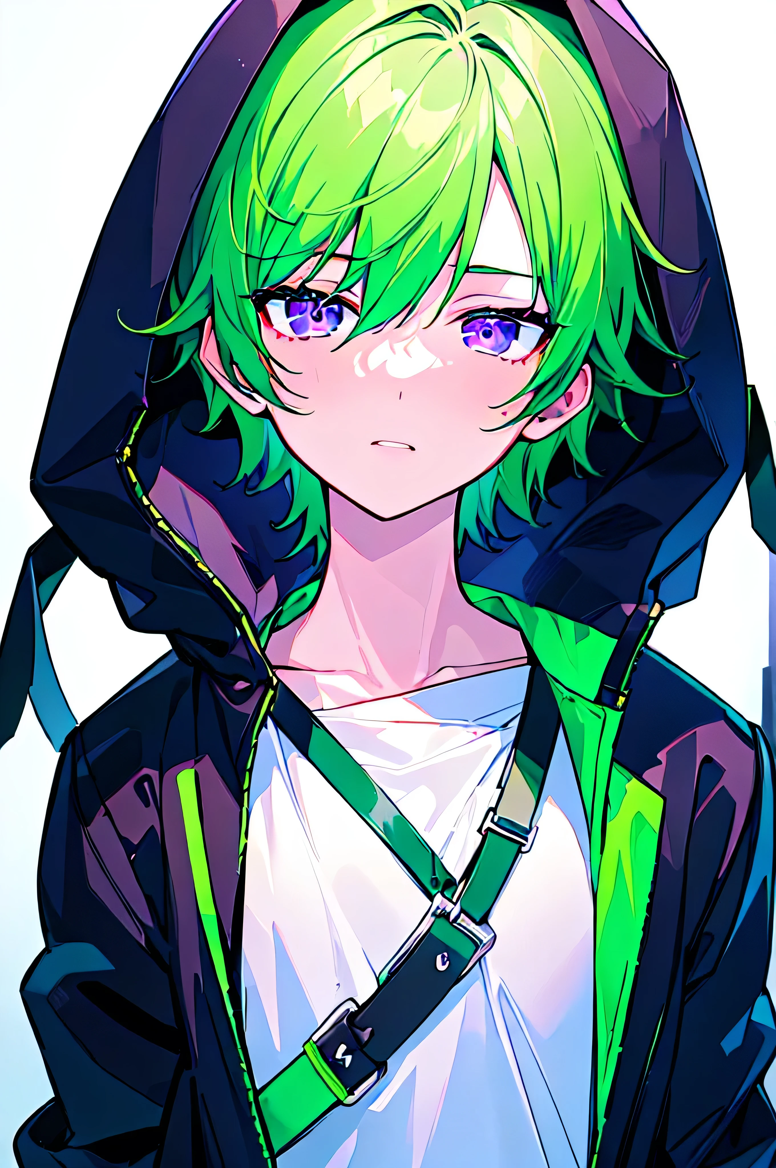 [(WHITE BACKGROUND:1.5),::5], ((((masterpiece)))), high quality, ultra_very_high_resolution, large_filesize, full color, (((solo))), ((little boy)), (((green short hair))), purple eyes, anime, upper body, neon light, black parka,