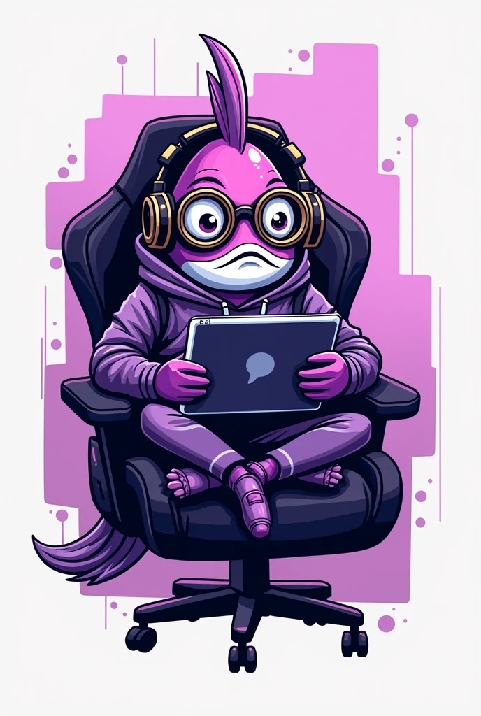Task: To design a logo for a professional male PUBG Mobile player that reflects his unique style and passion for the game. The logo should be attractive, memorable and reflect the special talent of the player in the world of mobile shooters.
### Description of the logo concept:
**Main element**: In the center of the logo there is a funny and charismatic character — a fish dressed in modern gamer equipment. The fish is sitting on a comfortable gaming chair, holding an iPad in its paws, on the screen of which a scene from PUBG Mobile is visible. She is wearing large round glasses, through which smart and focused eyes are visible, Headphones frame her head, emphasizing full immersion in the gameplay and indicating the professionalism of the player.
**Clothing and accessories**: The fish is dressed in a light and modern form, made in shades of purple, which not only corresponds to the customer's preference, but also gives the logo dynamism and energy. Glasses and headphones are also made in these colors, with the addition of small details such as gold or silver inserts to emphasize their technological character.
**Background**: The background of the logo should be minimalistic so as not to distract attention from the main character. It is possible to use a light shadow effect or a subtle gradient of purple tones, creating a sense of depth and space around the gamer fish.
**Typography**: An inscription reflecting the player's nickname or the name of his team OTC SOMiK must be placed above or below the image. The font should be easy to read, while maintaining the style and matching the overall style of the logo. The options can range from modernist to gamer fonts, those that combine with the shape of a fish and maintain a balance between image and text.
**Color palette**: The main color of the logo is purple, reflecting the personality of the player and his passion for the game. Shades of purple can range from deep to light, creating contrast and depth. For addition