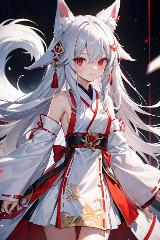 Long Hair, Red eyes, Fox Ears, Attention to detail, Silver Hair, Both sides up, Animal ears , happiness/joy, anime, Miko costume