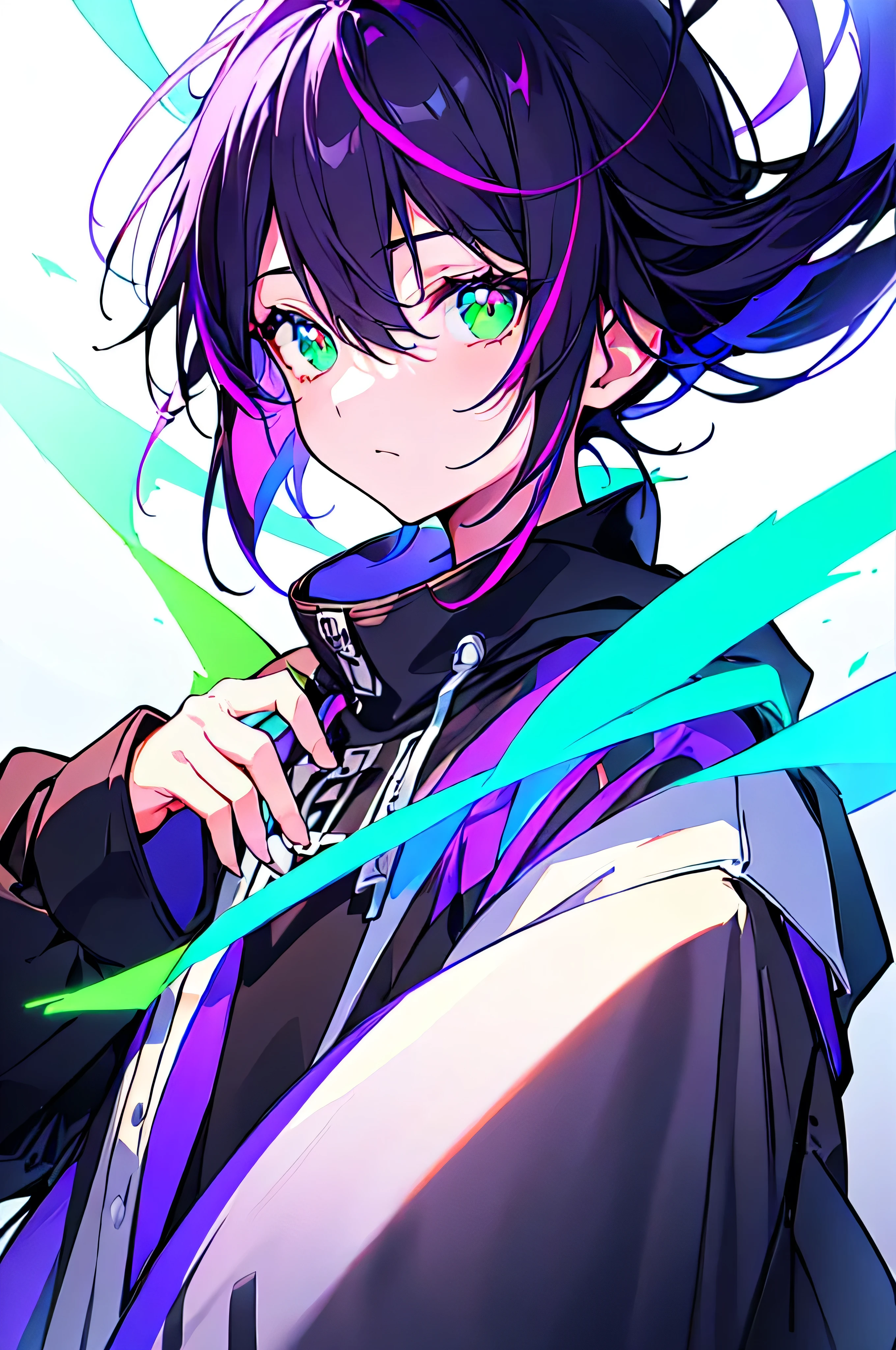 [(WHITE BACKGROUND:1.5),::5], ((((masterpiece)))), high quality, ultra very high resolution, full color, (((solo))), ((little boy)), black hair, ((purple streaked hair)), (green eyes), anime, ((upper body)), neon light, black parka, 