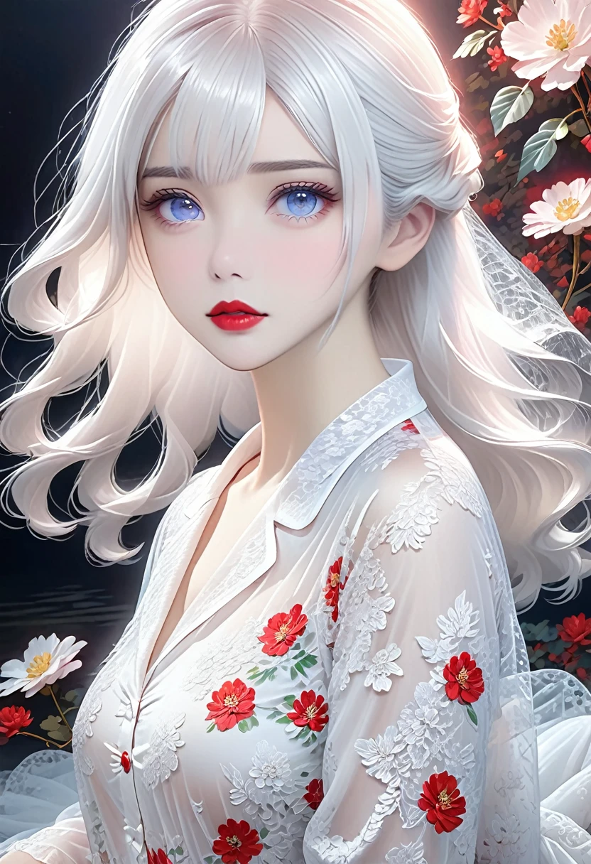 A woman,White hair,Red lips,Long legs,Oval face,White lace pajamas,Tulle clothes,A looming,Extremely detailed,high resolution,Very detailed,Beautiful and delicate girl,Very detailed的眼睛和脸,Beautiful and delicate eyes,There is light on the face,Movie Lighting,Full Body Love,full-body shot