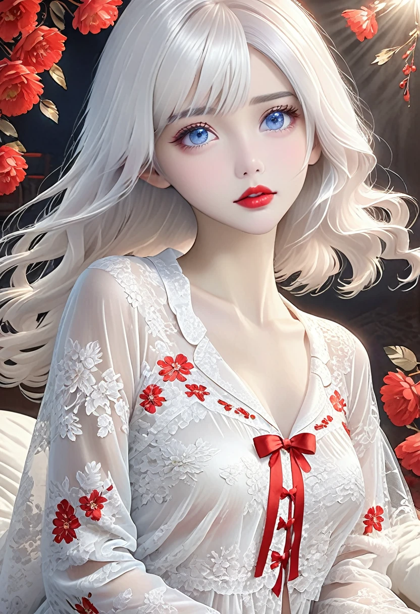 A woman,White hair,Red lips,Long legs,Oval face,White lace pajamas,Tulle clothes,A looming,Extremely detailed,high resolution,Very detailed,Beautiful and delicate girl,Very detailed的眼睛和脸,Beautiful and delicate eyes,There is light on the face,Movie Lighting,Full Body Love,full-body shot