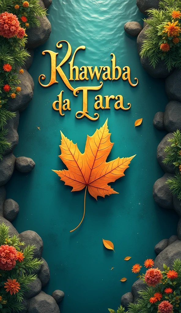 There is a title "Khawaba Da Tara" written with beautiful, mythological and fantasy style on the river. A top view of falling leaf in the river and in green jungle at the day. Flowers, rivers showing glamour at the background of the leaf. A 3D, Aesthetic, fantasy poster.