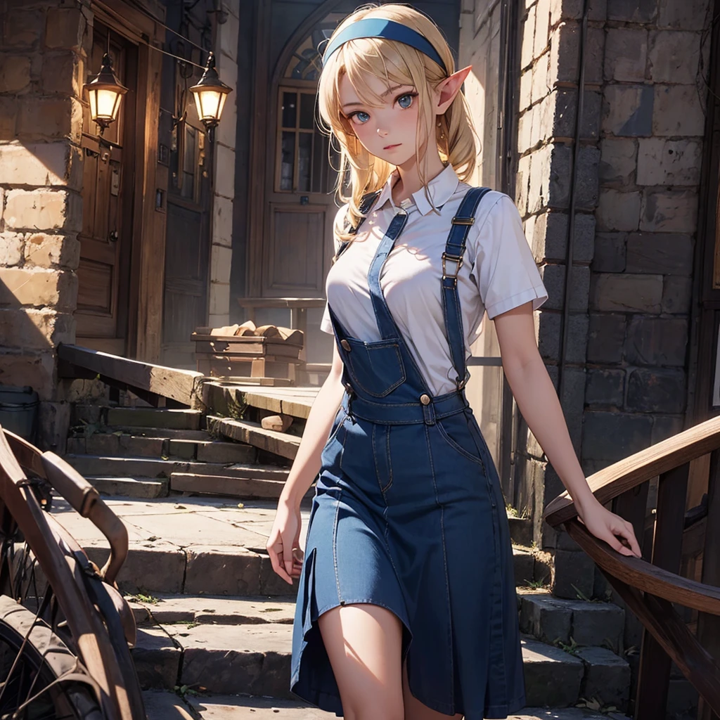 CG, Unity, 8k, wallpaper, Highest quality, masterpiece, Lovely lady, 18-year-old, (Realistic), Best lighting, Complex pupil, Intricate weaving, Elf Girl、A composition that shows the whole body,One Woman,Full Body,Blue skirt and headband,Blonde,Leather Overalls Skirt,Game Character