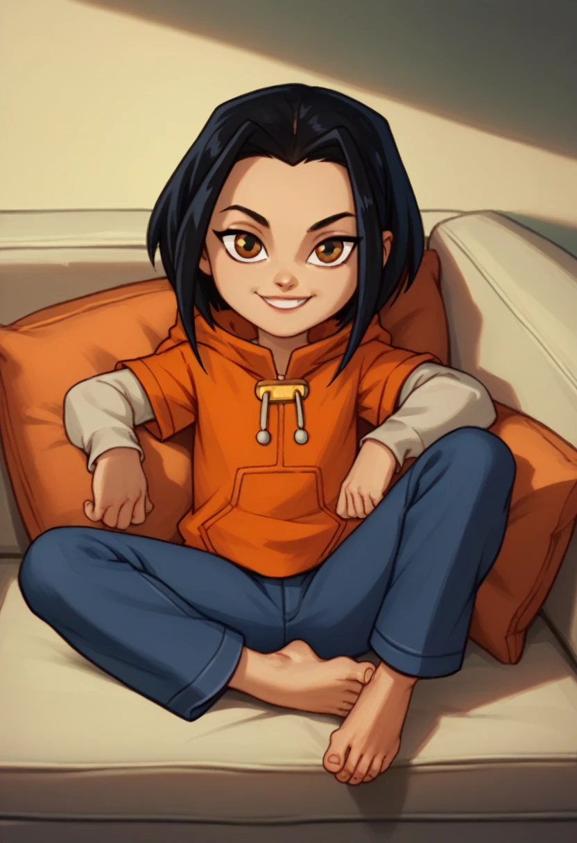 jadechan, 1girl, flat chest , black hair, brown eyes, solo, short hair, long sleeves, orange hoodie, hood, smile, pants, looking at viewer, sitting on sofa,Cross your legs, barefoot, 5 toes, paw