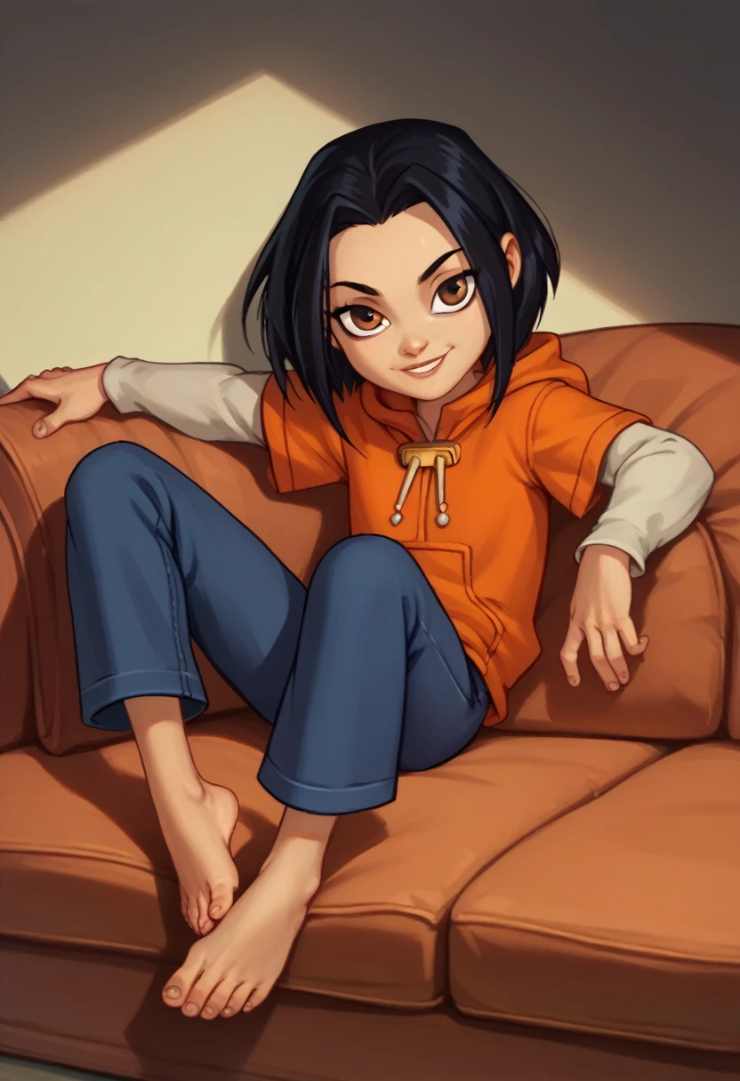 jadechan, 1girl, flat chest , black hair, brown eyes, solo, short hair, long sleeves, orange hoodie, hood, smile, pants, looking at viewer, sitting on sofa,Cross your legs, barefoot, 5 toes, paw