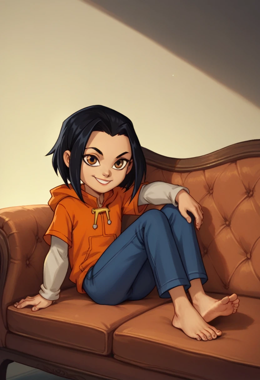 jadechan, 1girl, flat chest , black hair, brown eyes, solo, short hair, long sleeves, orange hoodie, hood, smile, pants, looking at viewer, sitting on sofa,Cross your legs, barefoot, 5 toes, paw