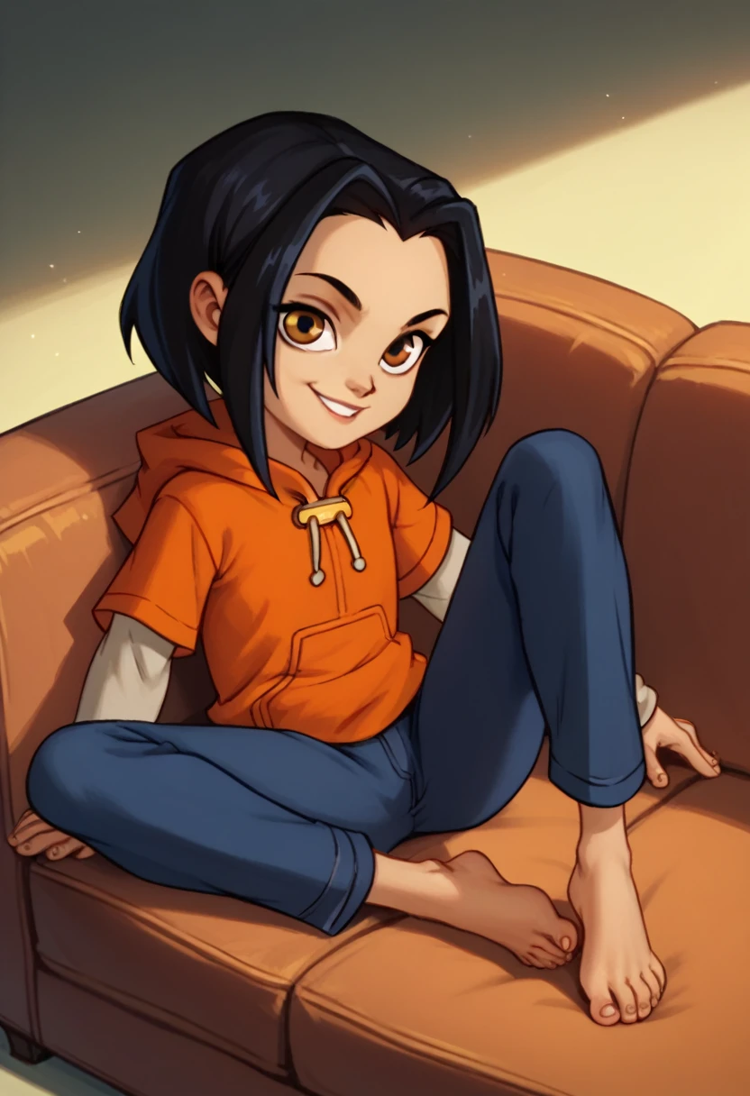 jadechan, 1girl, flat chest , black hair, brown eyes, solo, short hair, long sleeves, orange hoodie, hood, smile, pants, looking at viewer, sitting on sofa,Cross your legs, barefoot, 5 toes, paw