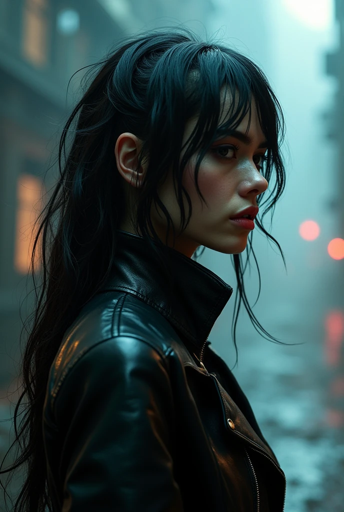 (Black Leather Jacket), cyborg art style, futurism, surrealism, bold lines, exaggerated performances, strong visual impact, stunning beauty. Beautiful cinematic lighting, surreal, RAW photo, color graded, dynamic movement, (captivating chiaroscuro:0.1), (special effects:0.1), full body, award-winning, cinematic still, emotional, vignette, dynamic, vivid, (masterpiece, best quality, photorealistic, Professional, perfect composition, very aesthetic, absurdres, ultra-detailed, intricate details:1.3)​