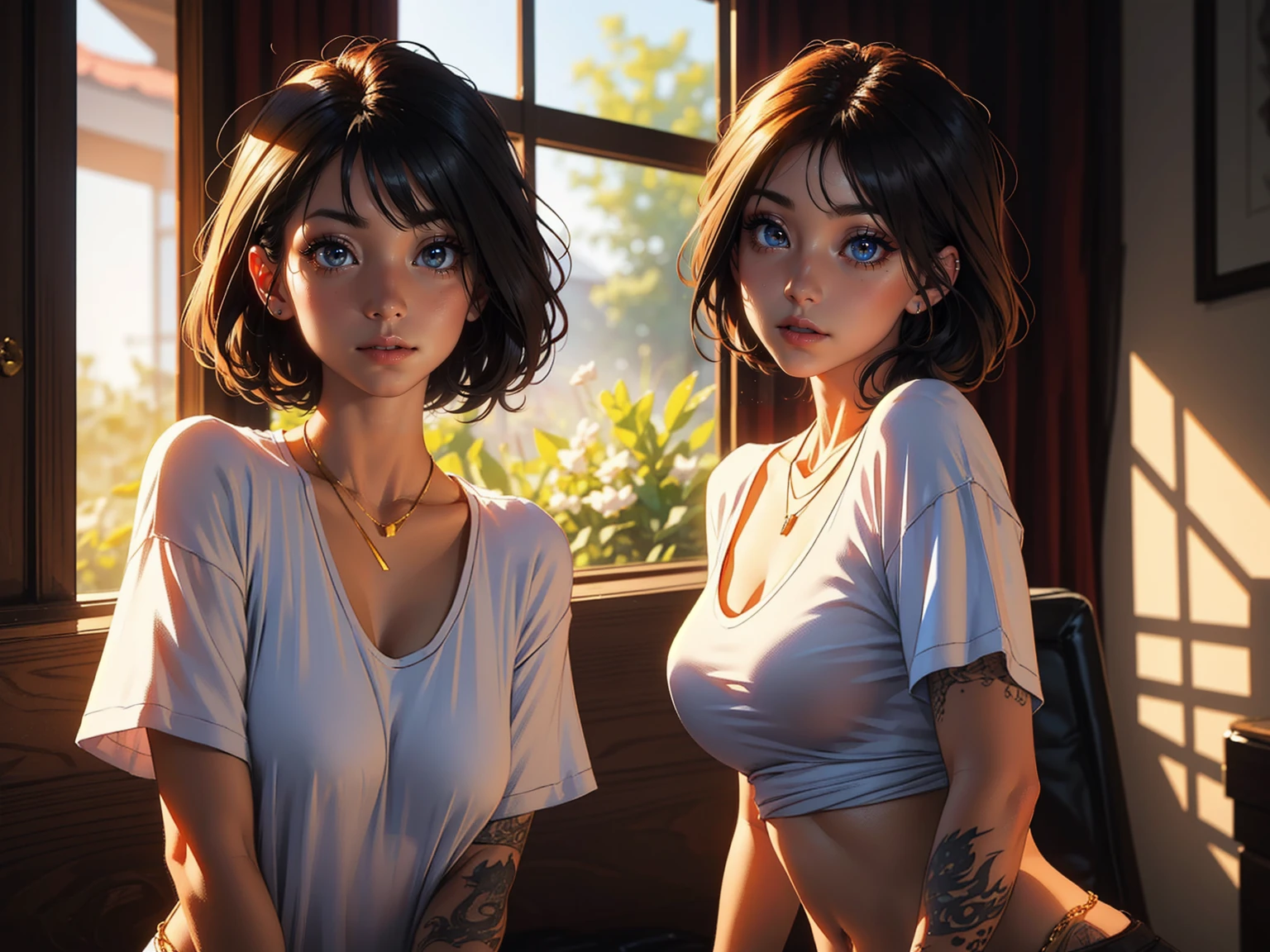A stunning woman stands solo, hips slightly upturned, her detailed face radiating a sultry invitation. (Amber Eyes)shine like warm honey as she sports multi-colored hair with trendy bangs. A tattooed dragon wraps around her toned physique, visible beneath a fitted t-shirt that accentuates her chest. A delicate necklace glimmers against her skin as she confidently wears a sexy smile. Her mischievous gaze seems to say 'come closer', drawing the viewer's eye like a magnet. Framed by a soft, golden light, Makima's beauty is perfectly balanced and on full display, with the tip of the nipple showing through