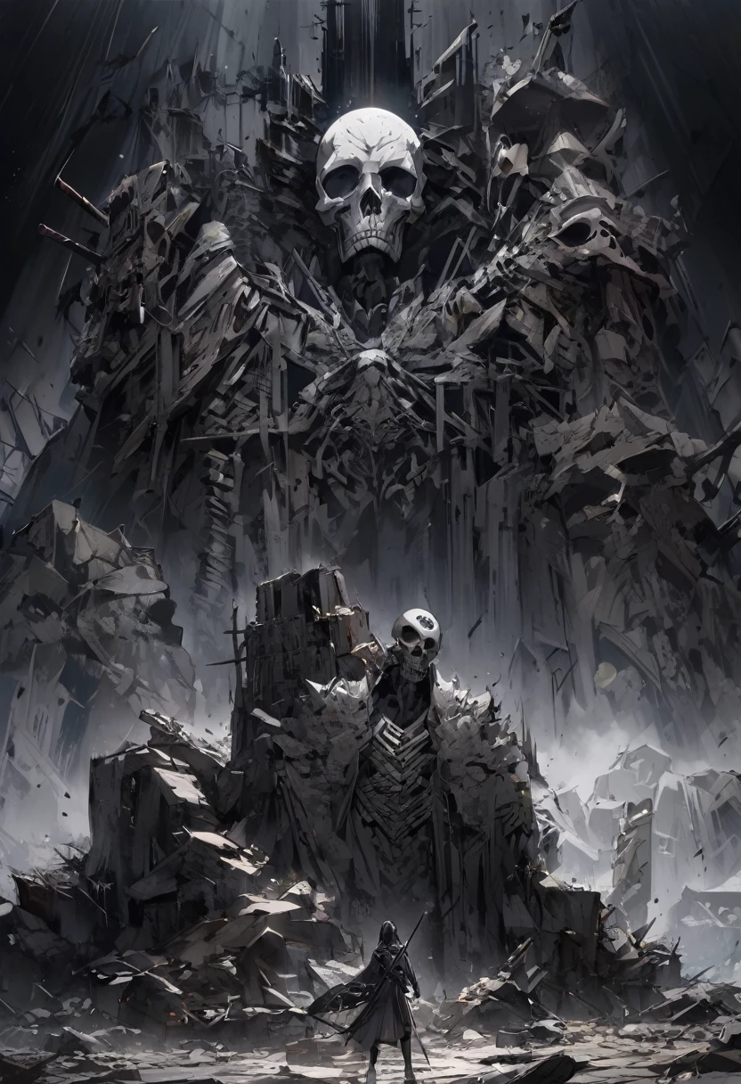 In the midst of desolate ruins, samurai raise their swords and stand on a rock artistically depicted as a skull emblem, its firm and somber image contrasting with a dark background.