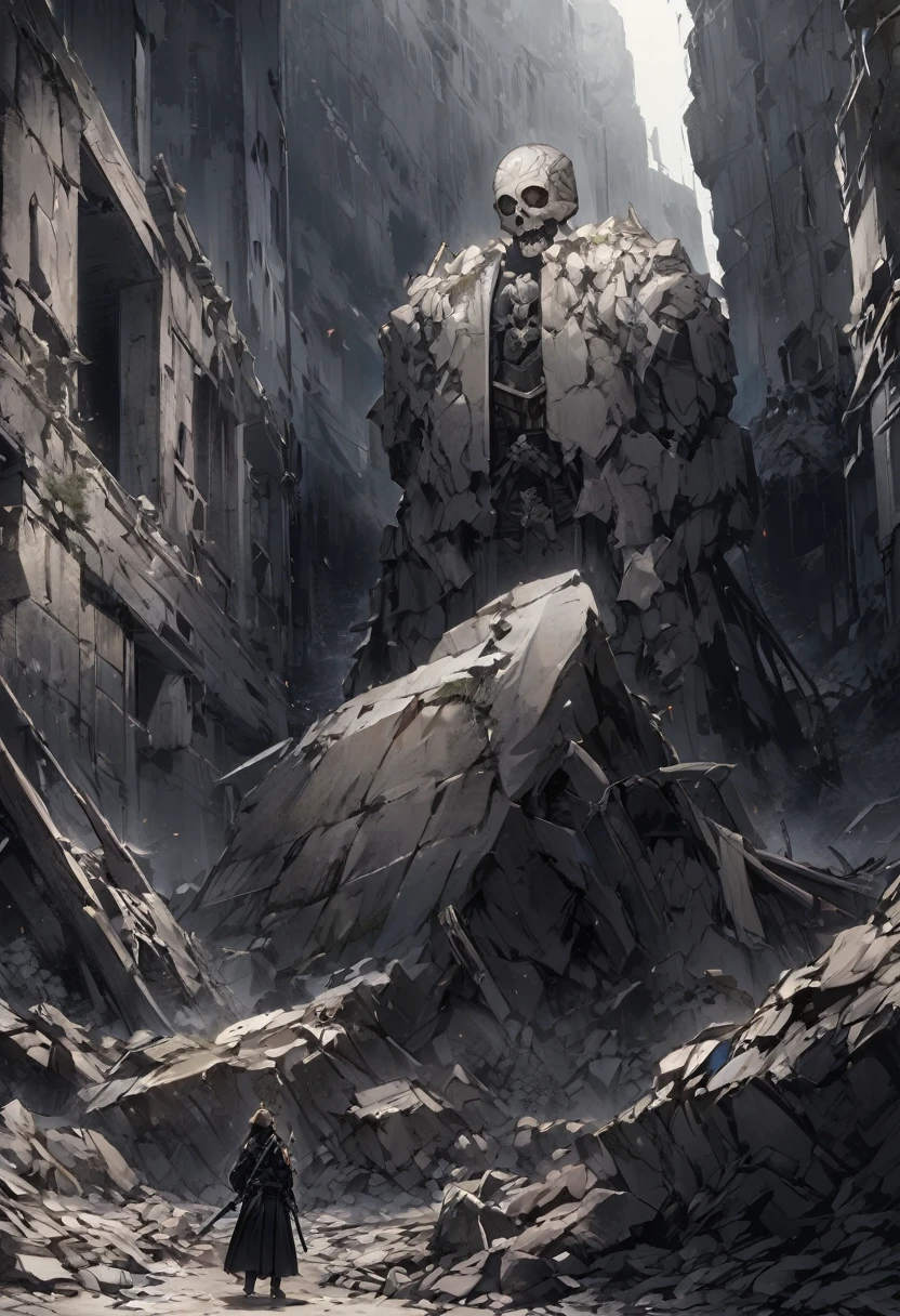 In the midst of desolate ruins, samurai raise their swords and stand on a rock artistically depicted as a skull emblem, its firm and somber image contrasting with a dark background.