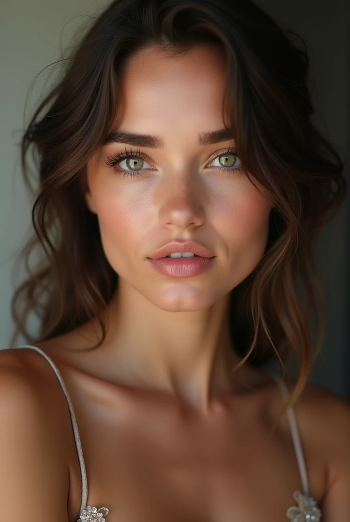 Un belle femme brune, visage parfait, les yeux verts, sportive avec des formes, mat de peau