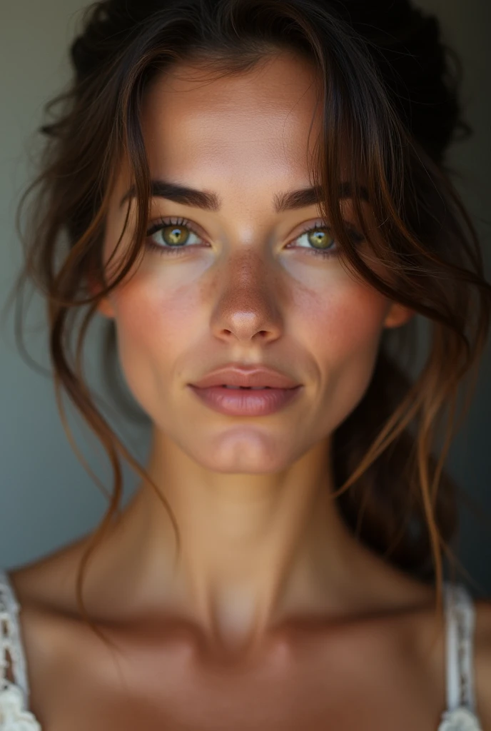 Un belle femme brune, visage parfait, les yeux verts, sportive avec des formes, mat de peau