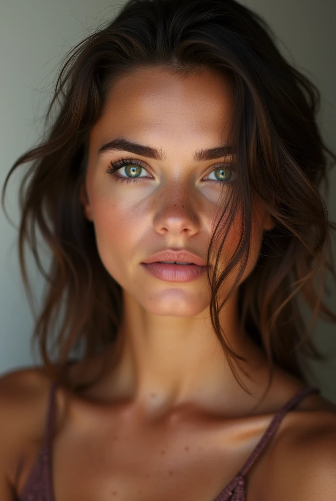 Un belle femme brune, visage parfait, les yeux verts, sportive avec des formes, mat de peau