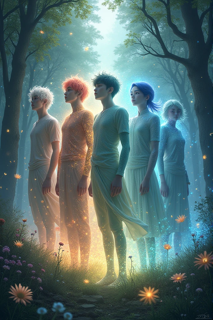 Namjoon the forest keeper, hoseok the snow field keeper, seokjin the flowers keeper with mid long hair. Yoongi the human but skin covered with glittery bubbles as he is the sea keeper. Jimin the river keeper with ethereal look and white eyes. Taehyung the dark woods keeper that has black mist lingering him and jungkook the moon keeper that shine brightly amd has diamond wings. Make it into poster of a book cover