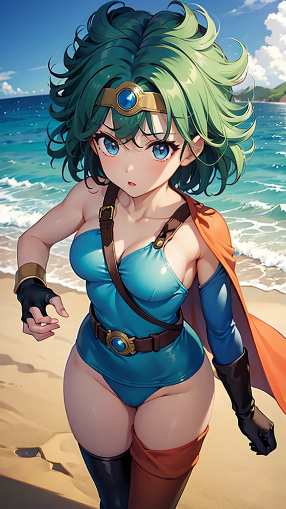 Tatsumaki, 1girl, solo, bonito, coxas thicc, seios pequenos, wearing green gradient bikini, na piscina, olhos puros, pupilas realistas, olhos altamente detalhes, anatomia perfeita, boa anatomia, good composition, axilas, suando, mami, milf, coxas thicc, groin area of lubricating skin, pele oleosa, axilas vermelhas, axilas de suor,standingn, high angle